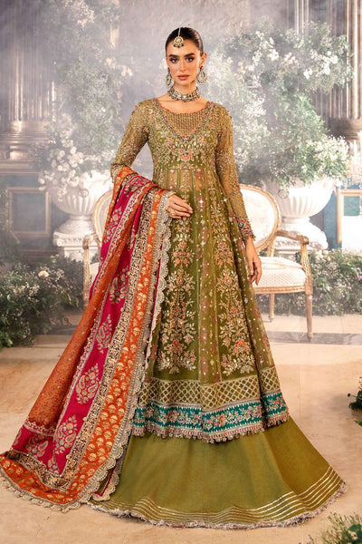 Maria. B 3 Piece Unstitched Embroidered Organza Suit - BD-2906-OLIVE GREEN