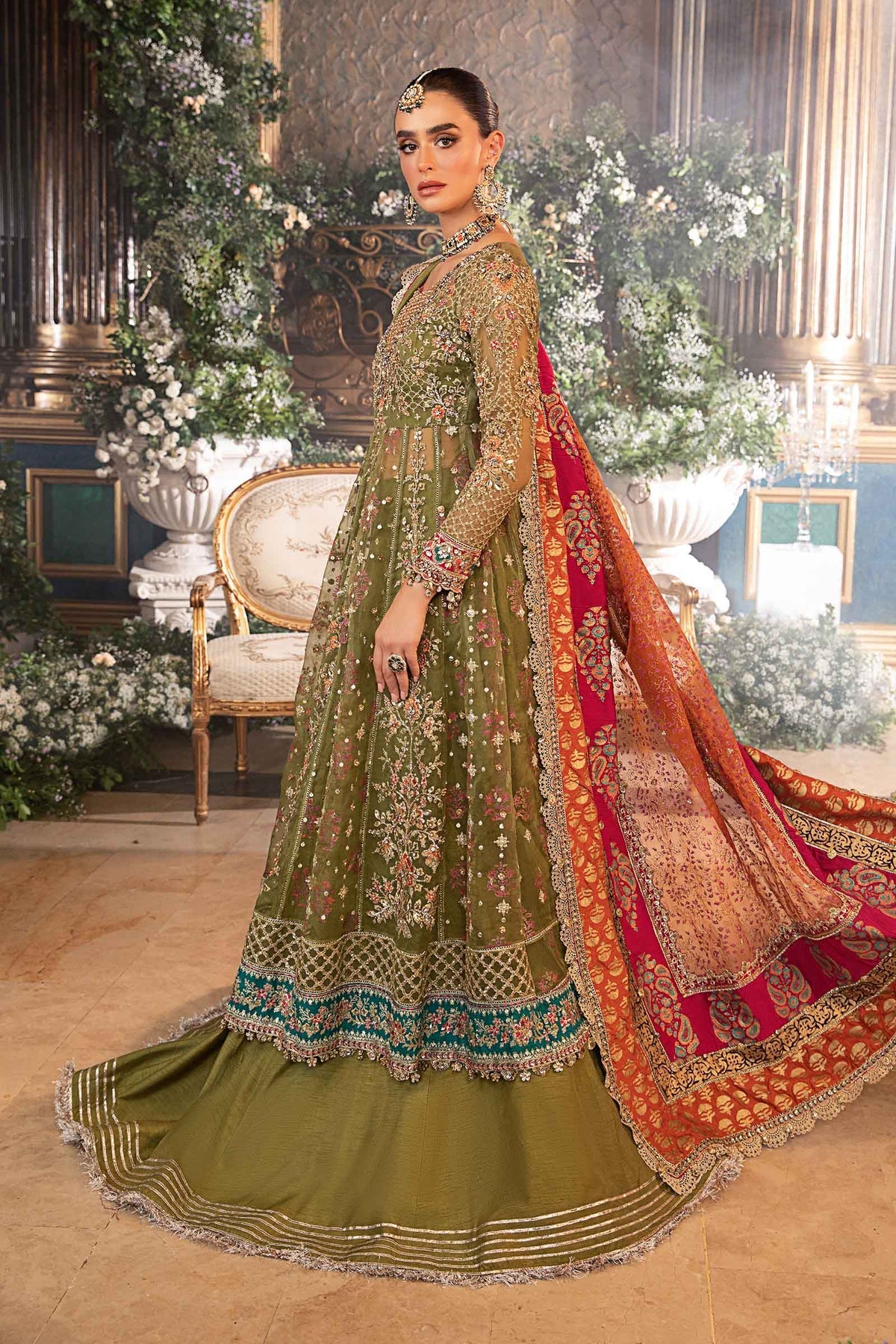 Maria. B 3 Piece Unstitched Embroidered Organza Suit - BD-2906-OLIVE GREEN