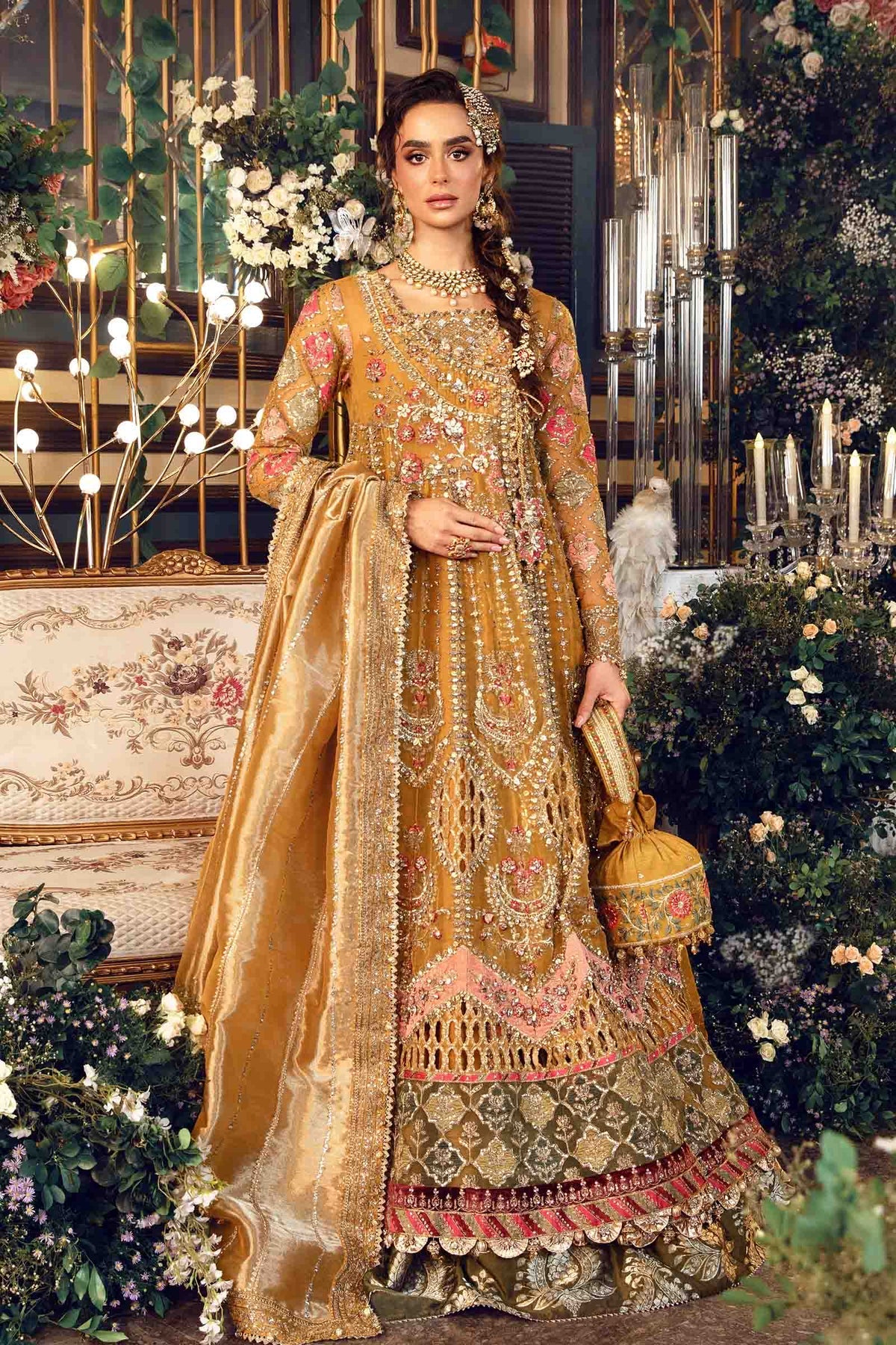 Maria. B 3 Piece Unstitched Embroidered Organza Suit - BD-2907-MUSTARD