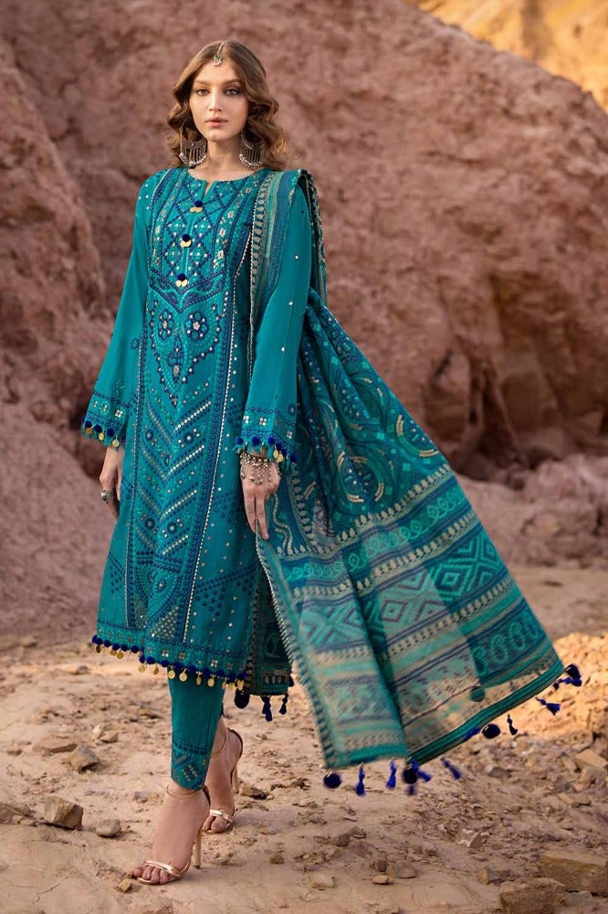 Gul Ahmed 3PC Embroidered Printed Lawn Unstitched Suit with Gold Lacquer Printed Chiffon Dupatta BM-42009