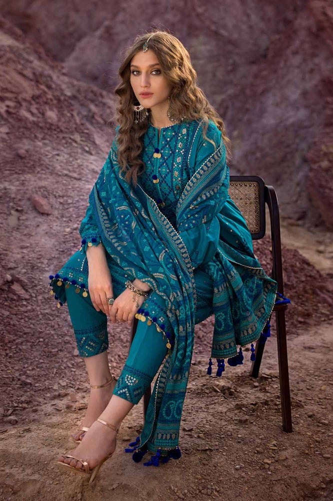 Gul Ahmed 3PC Embroidered Printed Lawn Unstitched Suit with Gold Lacquer Printed Chiffon Dupatta BM-42009