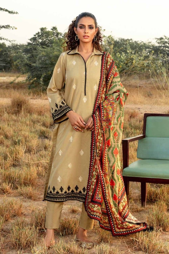 Gul Ahmed 3PC Digital Printed Embroidered Corduroy Unstitched Suit with Digital Printed Cotton Net Dupatta CD-32005