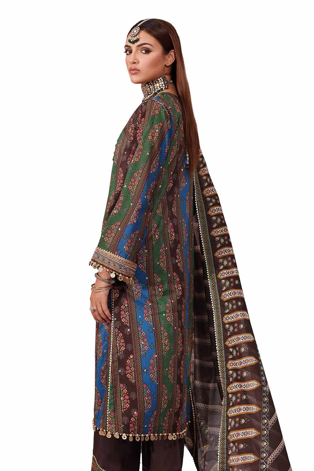 Gul Ahmed 3PC Unstitched Embroidered Printed Lawn Suit with Zari Stripe Dupatta ST-42007