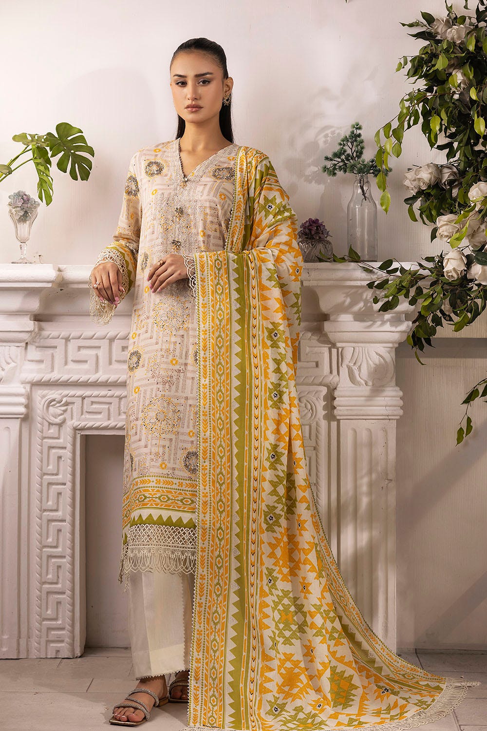 Gul Ahmed 3 Piece Unstitched Embroidered Silver Printed Lawn Suit with Silver Printed Lawn Dupatta CL-52343