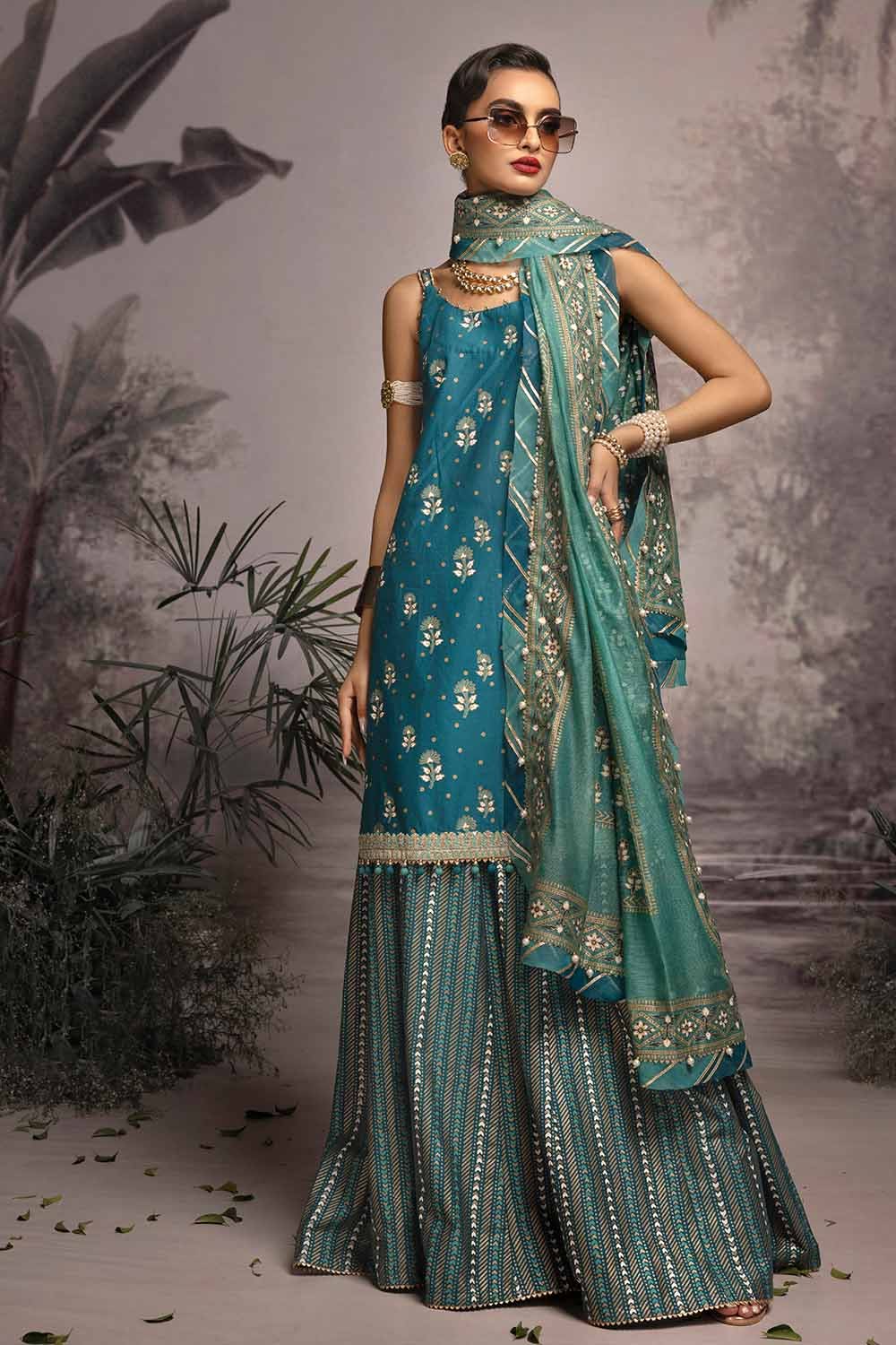 Gul Ahmed 3PC Embroidered Gold and Lacquer Printed Lawn Suit with Cotton Net Dupatta CN-32023