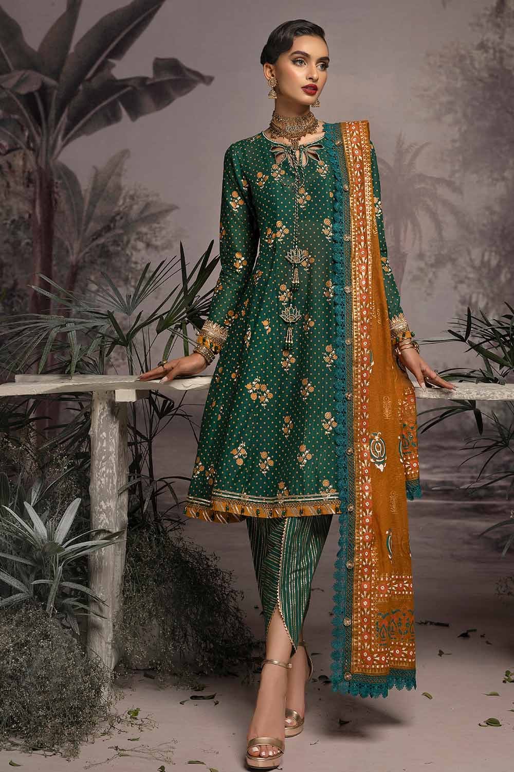 Gul Ahmed 3PC Embroidered Gold and Lacquer Printed Lawn Suit with Cotton Net Dupatta CN-32025