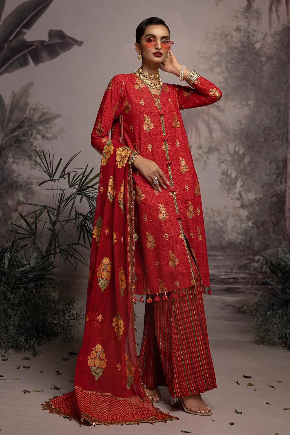 Gul Ahmed 3PC Embroidered Gold and Lacquer Printed Lawn Suit with Cotton Net Dupatta CN-32026