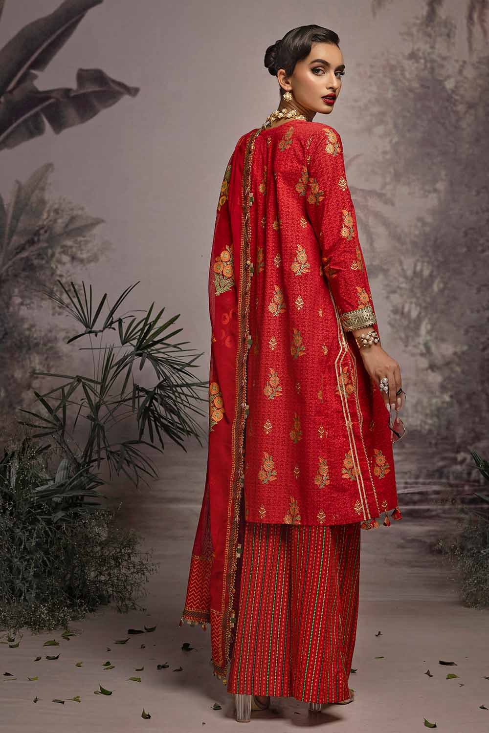 Gul Ahmed 3PC Embroidered Gold and Lacquer Printed Lawn Suit with Cotton Net Dupatta CN-32026