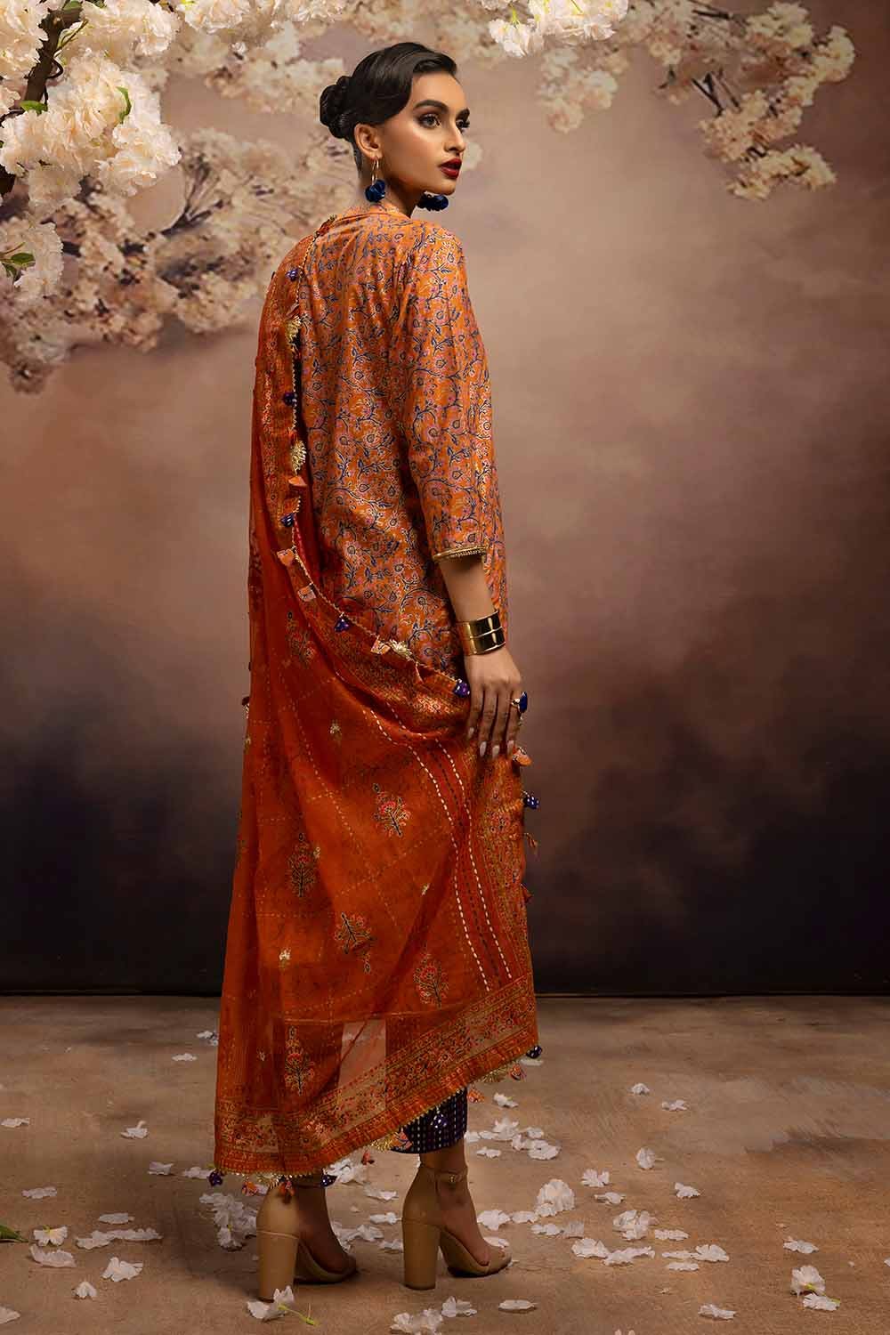 Gul Ahmed 3PC Embroidered Gold and Lacquer Printed Lawn Suit with Cotton Net Dupatta CN-32028