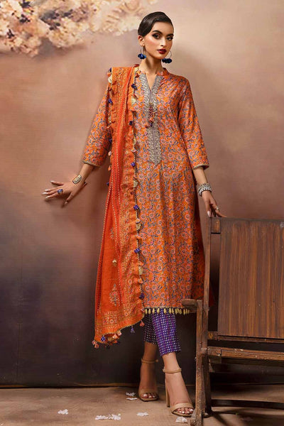 Gul Ahmed 3PC Embroidered Gold and Lacquer Printed Lawn Suit with Cotton Net Dupatta CN-32028