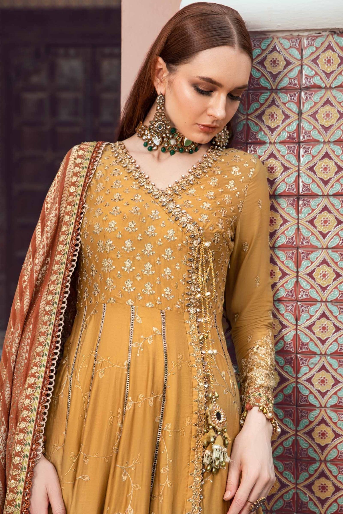 Maria. B 03 Piece Unstitched Embroidered Cotton Satin Suit - CST-702 Mustard