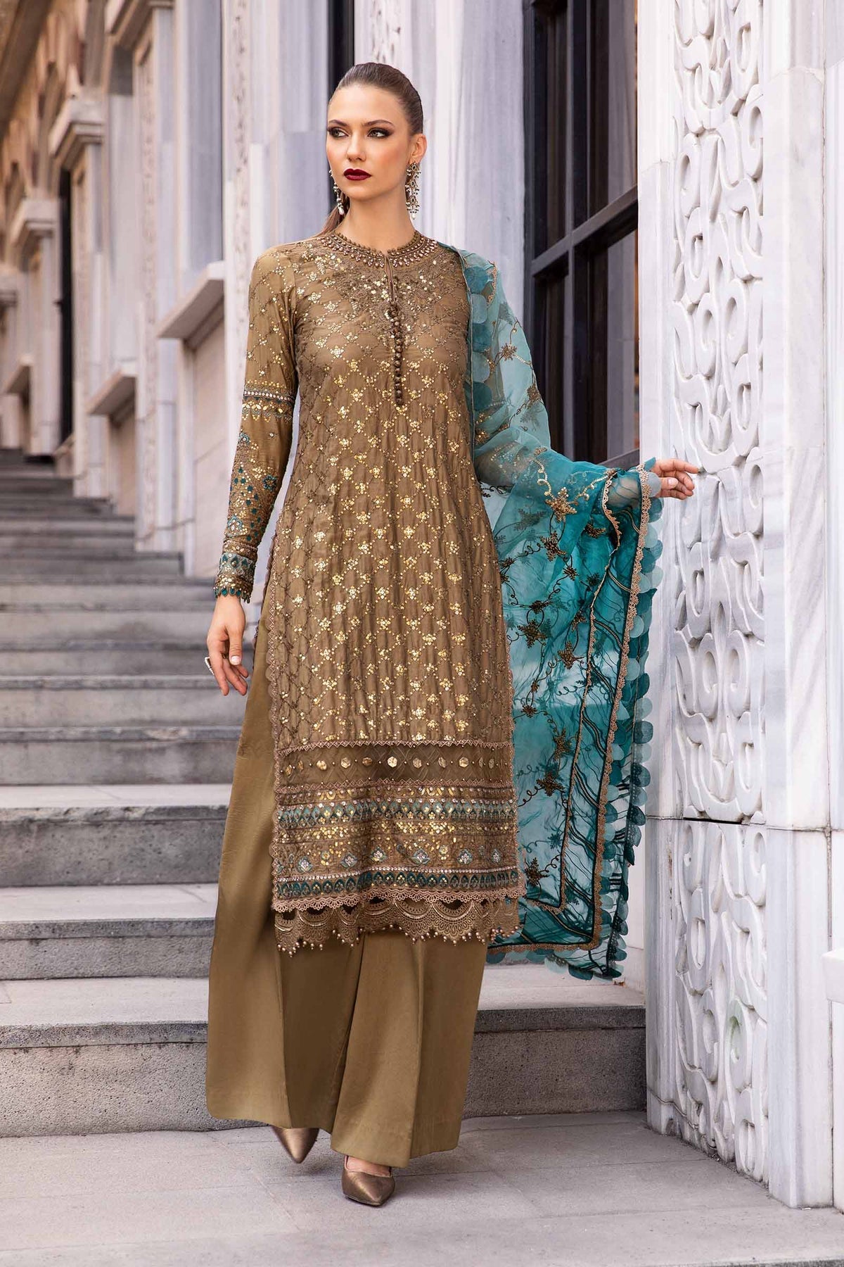 Maria. B 03 Piece Unstitched Embroidered Cotton Satin Suit - CST-808