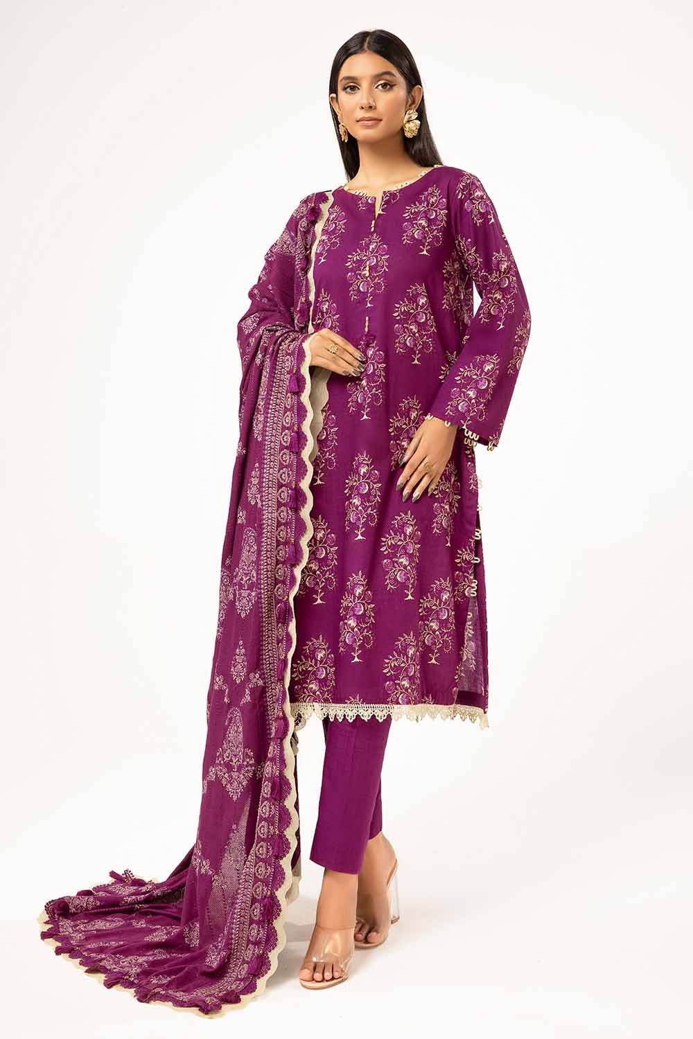 Gul Ahmed 3 Piece Unstitched Printed Khaddar Suit with Embroidered Twill Cotton Linen Dupatta CV-42010