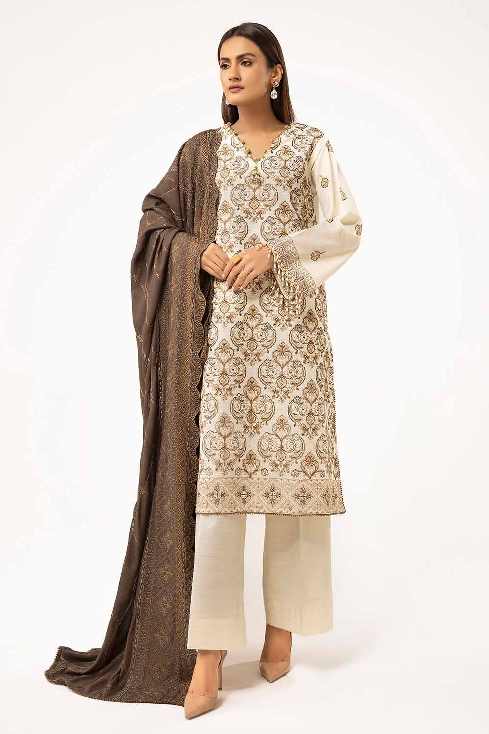 Gul Ahmed 3 Piece Unstitched Embroidered Khaddar Suit with Twill Cotton Linen Dupatta CV-42011