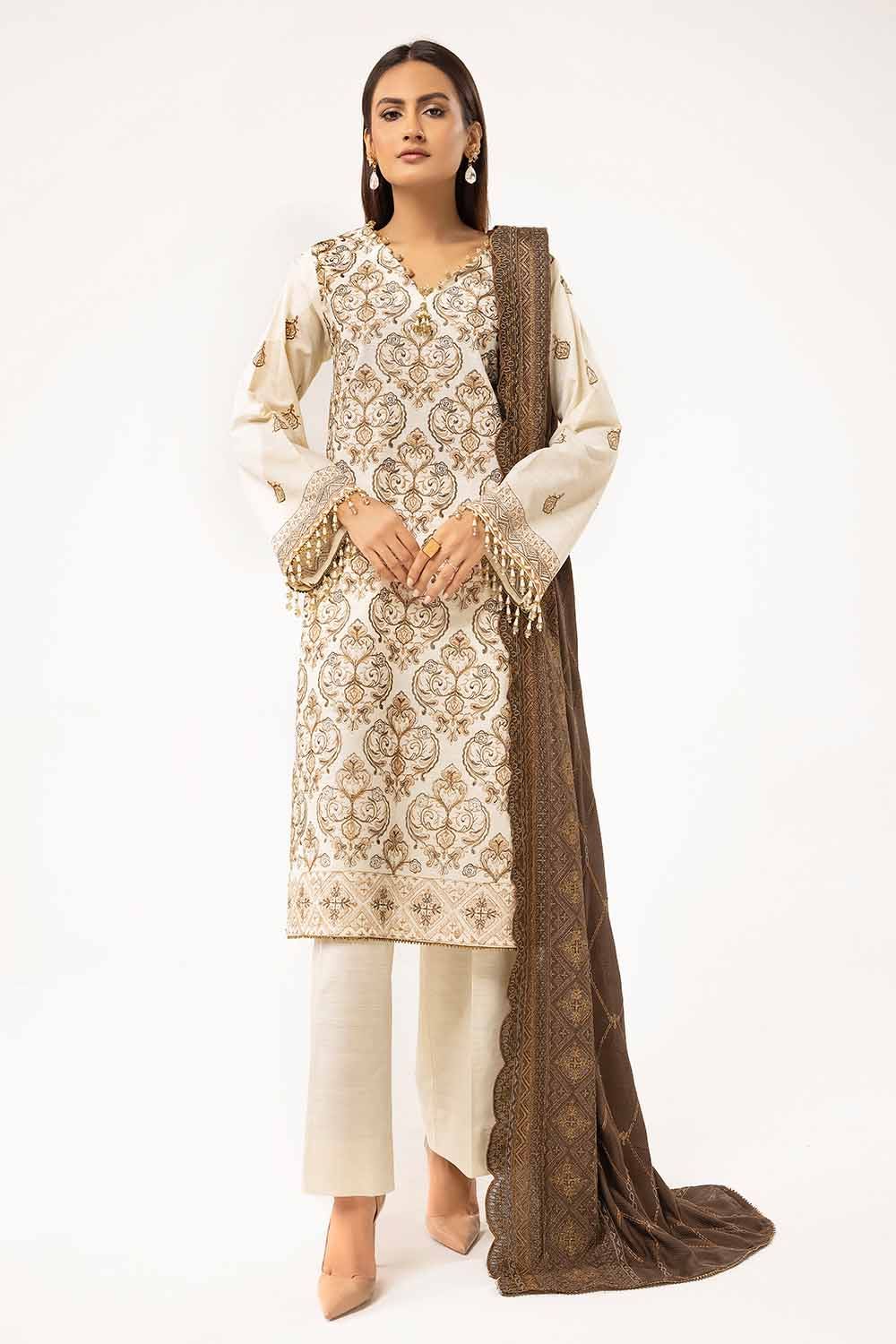 Gul Ahmed 3 Piece Unstitched Embroidered Khaddar Suit with Twill Cotton Linen Dupatta CV-42011