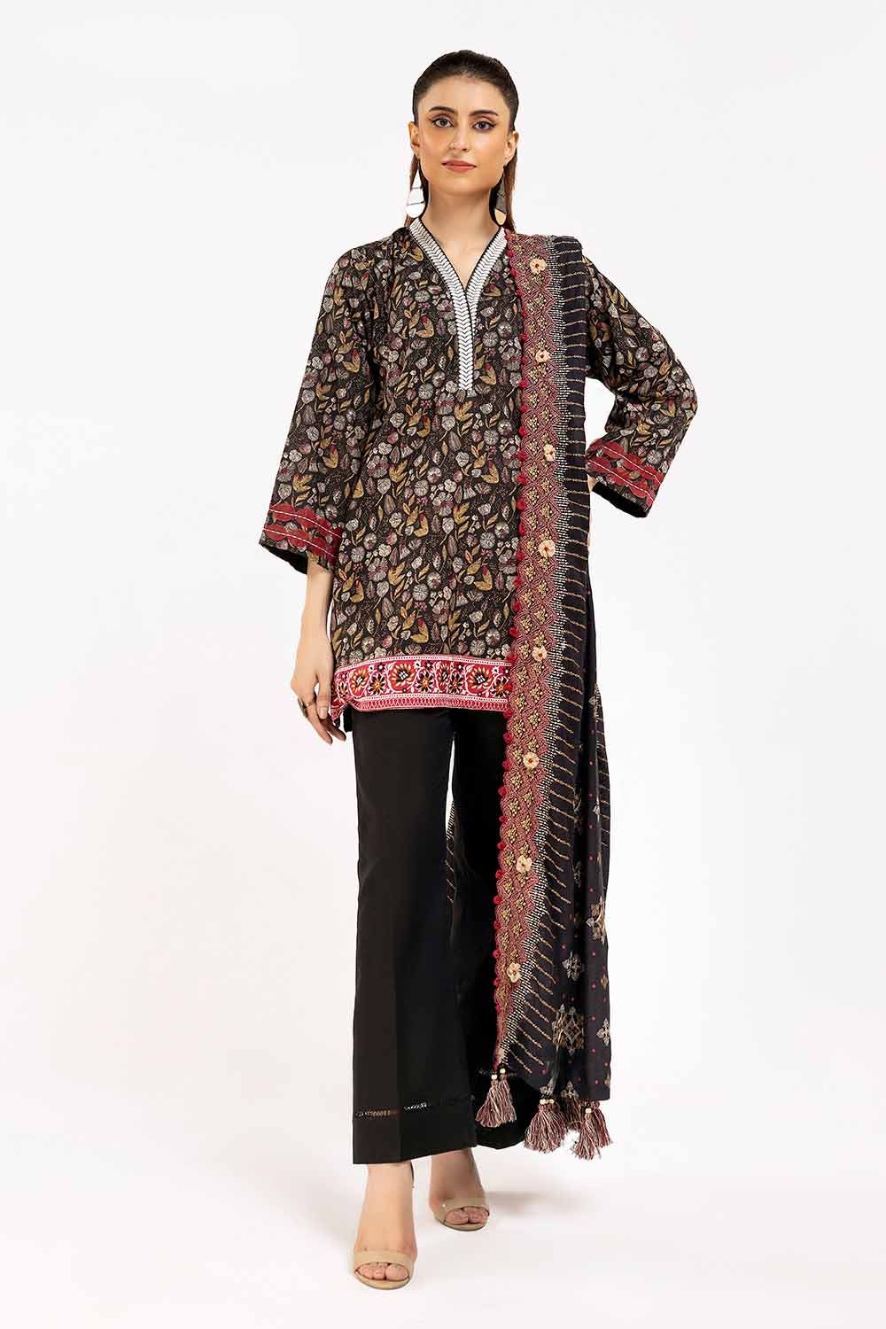 Gul Ahmed 3 Piece Unstitched Printed Khaddar Suit with Embroidered Twill Cotton Linen Dupatta CV-42012