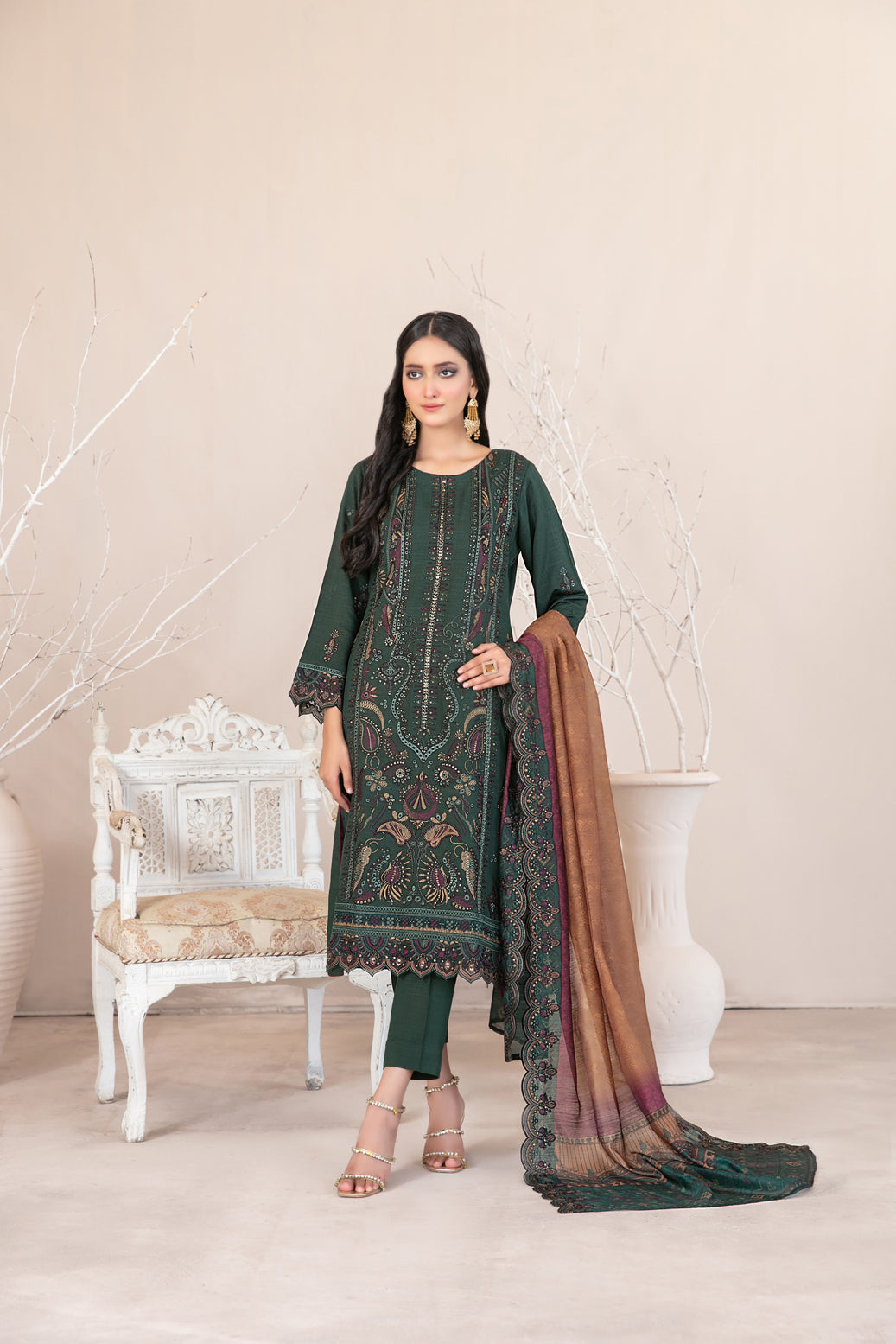 Tawakkal Fabrics 3 Piece Stitched Fancy Embroidered Slub Viscose Suit - D-1041