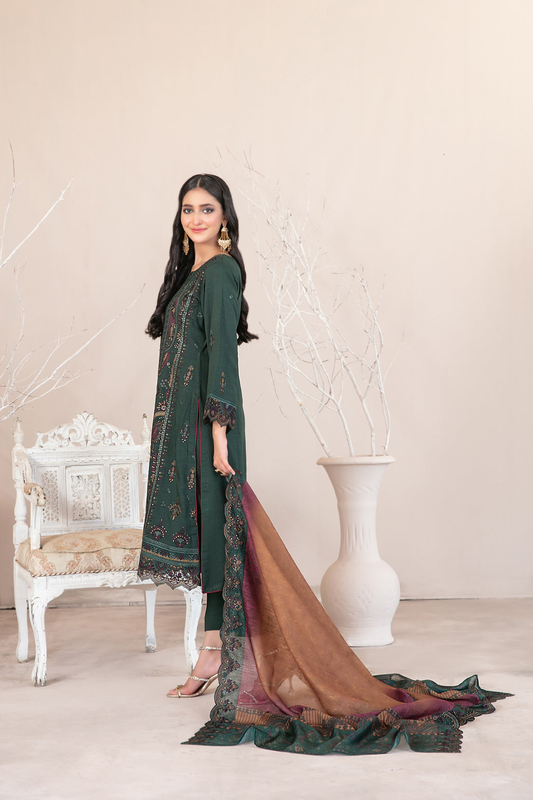 Tawakkal Fabrics 3 Piece Stitched Fancy Embroidered Slub Viscose Suit - D-1041