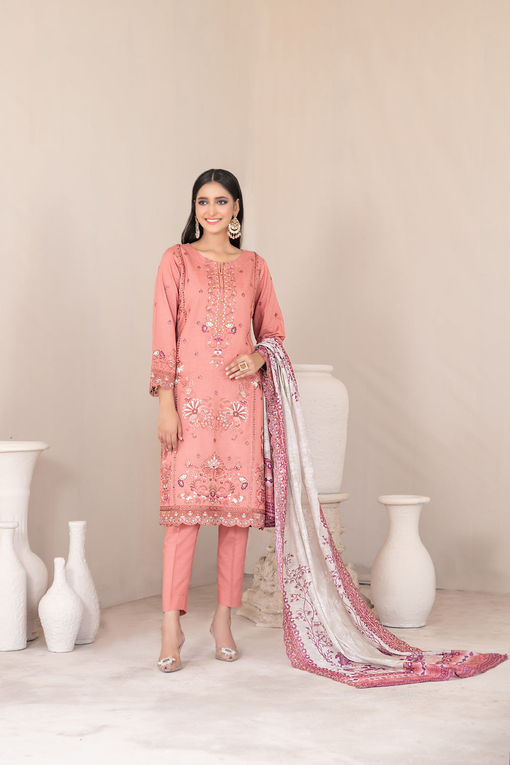 Tawakkal Fabrics 3 Piece Stitched Fancy Embroidered Slub Viscose Suit - D-1042