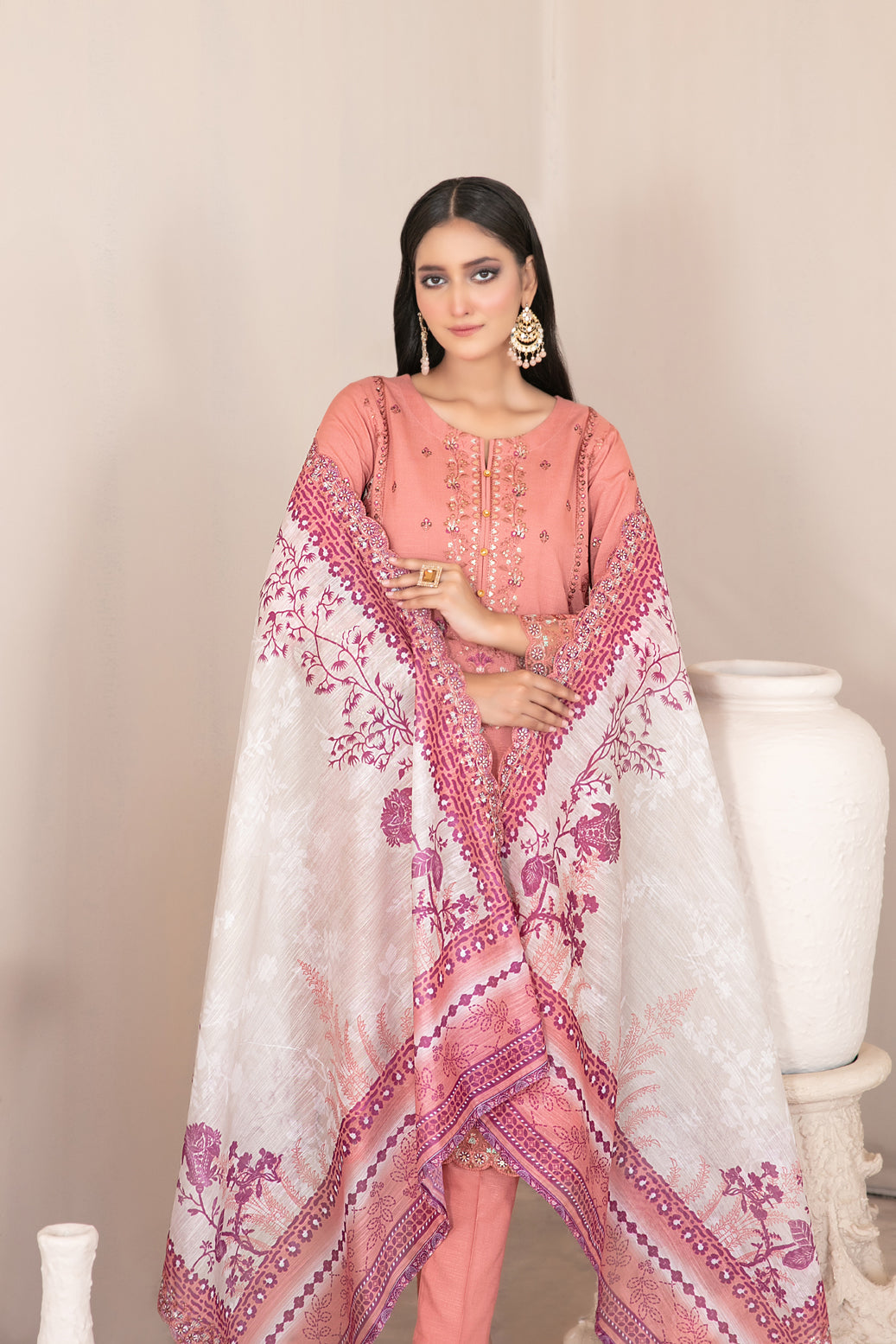 Tawakkal Fabrics 3 Piece Stitched Fancy Embroidered Slub Viscose Suit - D-1042