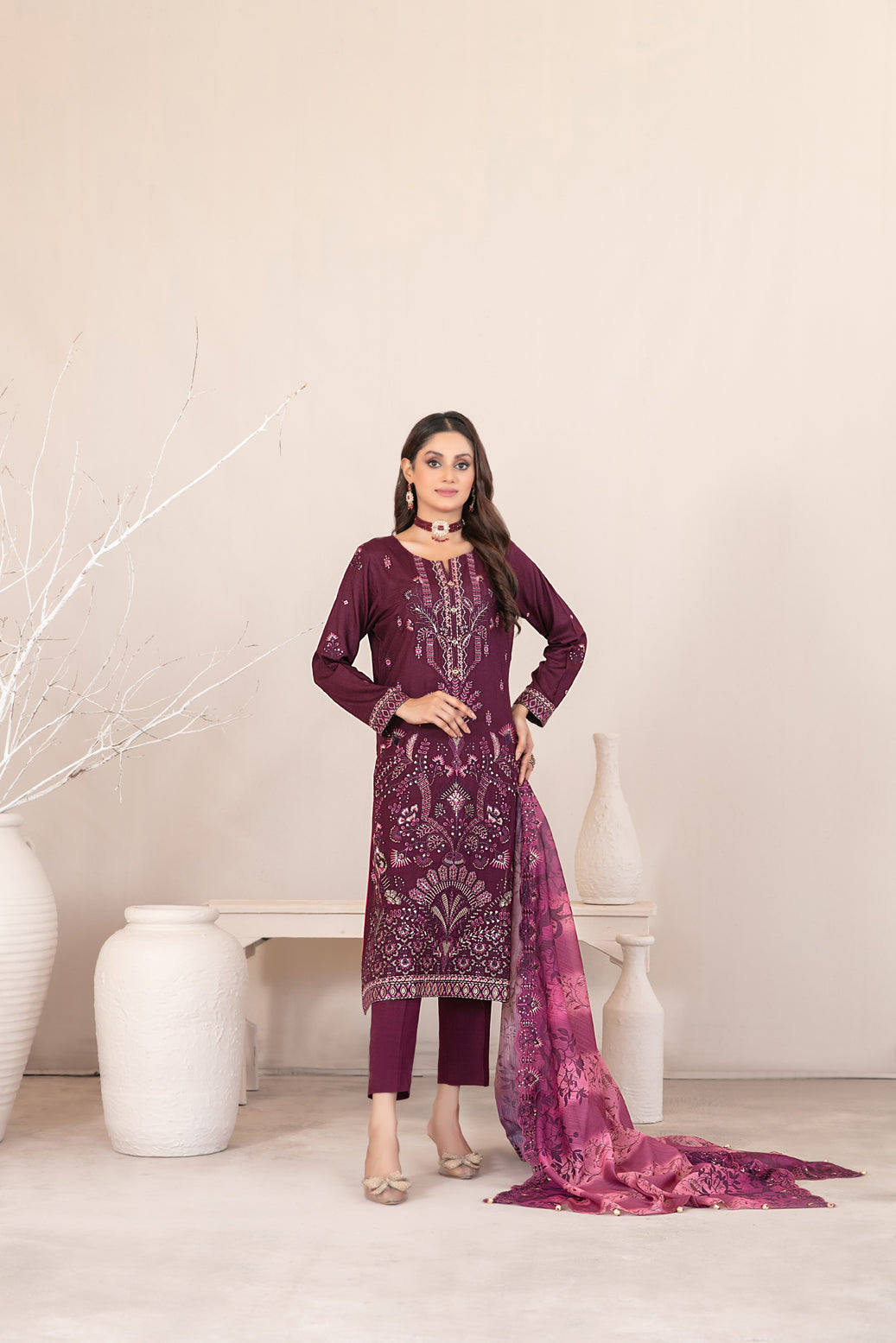 Tawakkal Fabrics 3 Piece Stitched Fancy Embroidered Slub Viscose Suit - D-1045