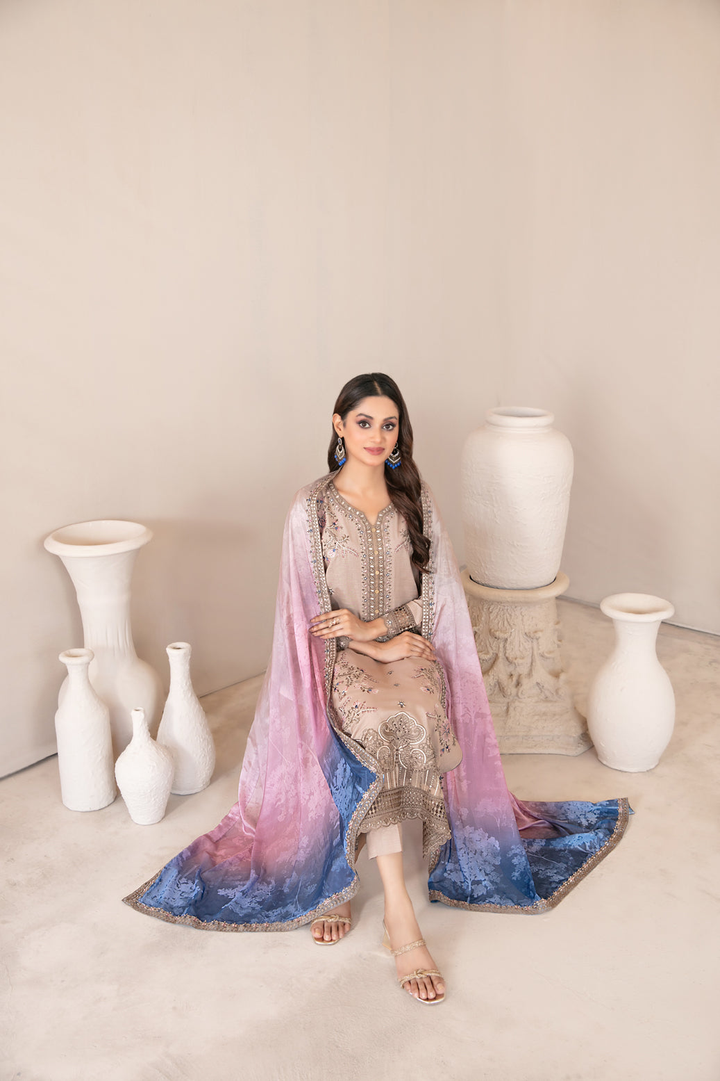 Tawakkal Fabrics 3 Piece Stitched Fancy Embroidered Slub Viscose Suit - D-1046