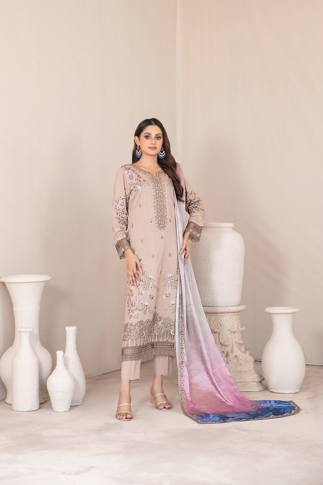 Tawakkal Fabrics 3 Piece Stitched Fancy Embroidered Slub Viscose Suit - D-1046