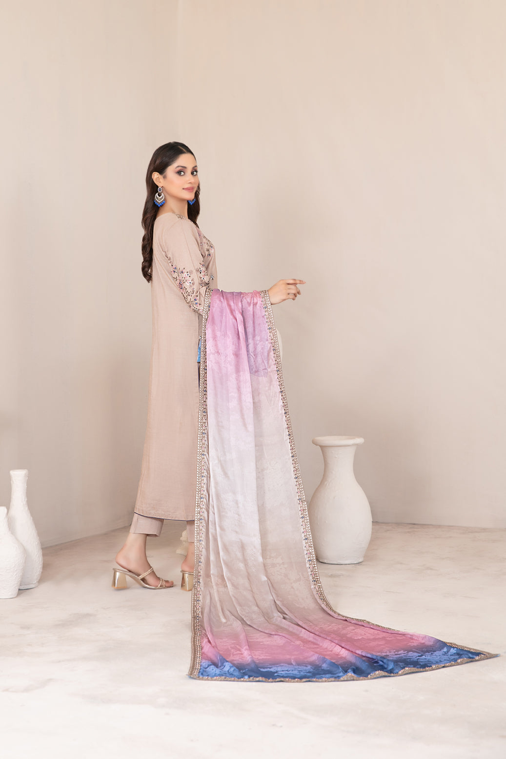 Tawakkal Fabrics 3 Piece Stitched Fancy Embroidered Slub Viscose Suit - D-1046