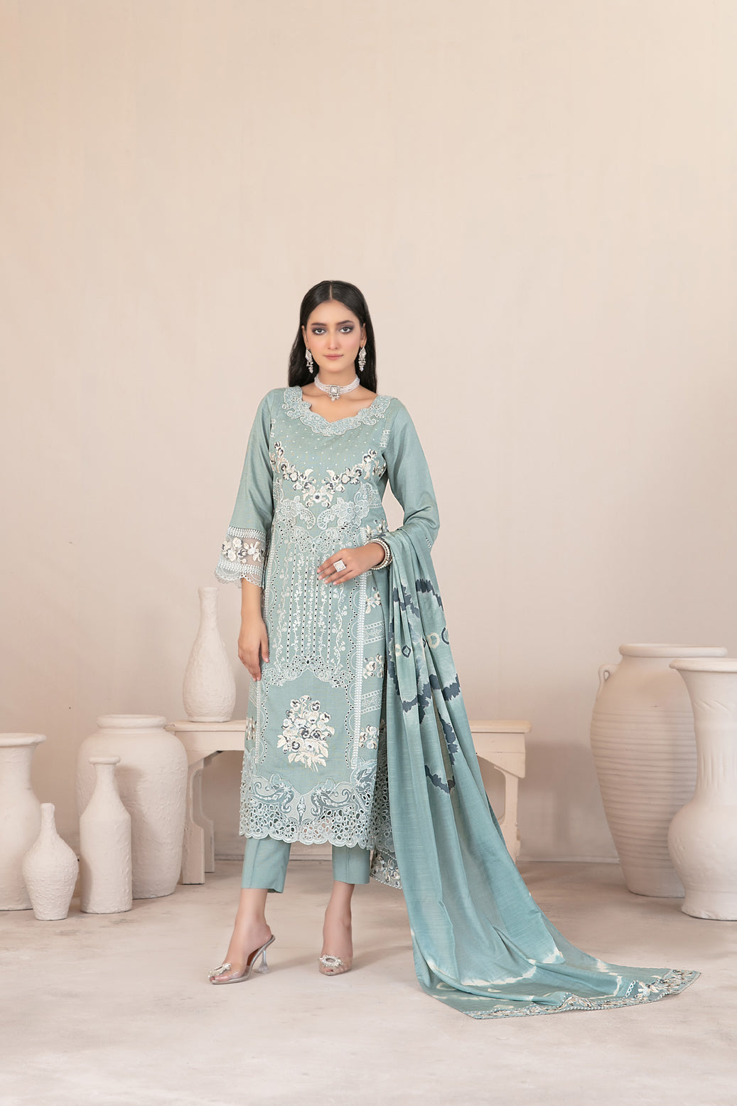 Tawakkal Fabrics 3 Piece Stitched Fancy Embroidered Slub Viscose Suit - D-1048