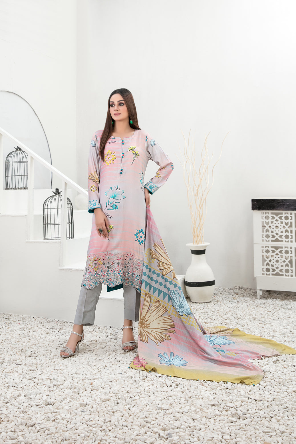 Tawakkal Fabrics 3 Piece Stitched Embroidered Digital Printed Staple Suit - D-1095