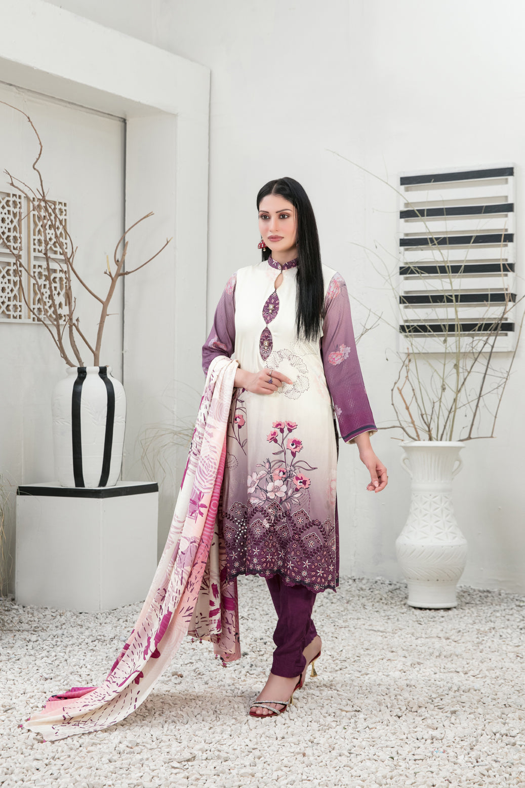 Tawakkal Fabrics 3 Piece Stitched Embroidered Digital Printed Staple Suit - D-1098