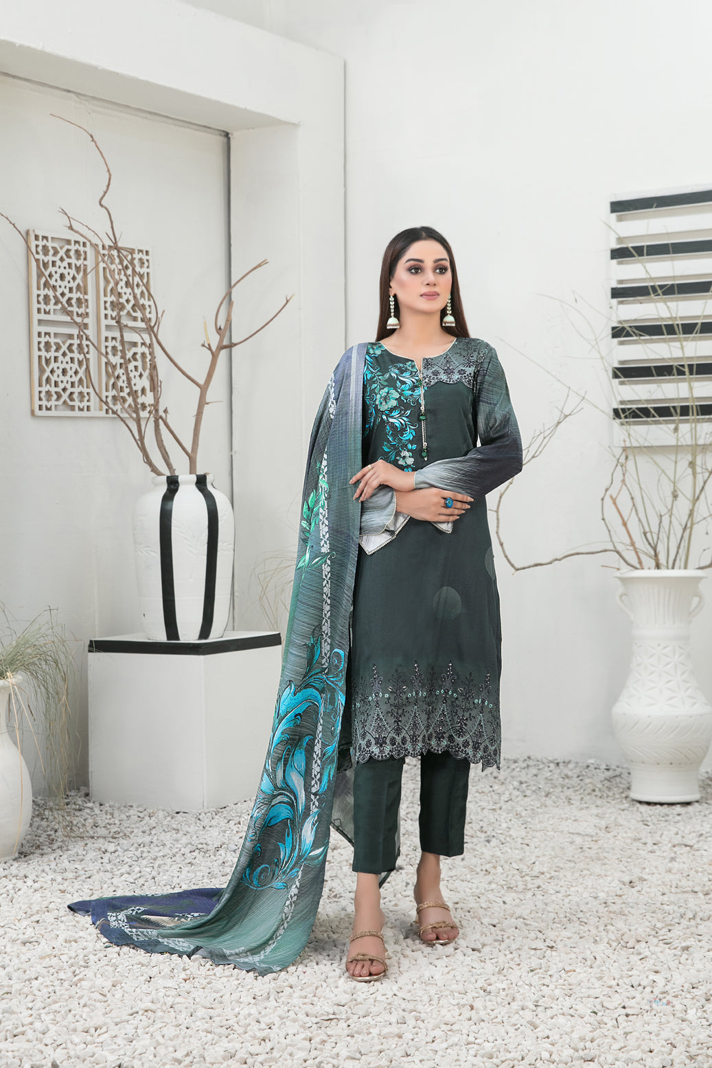 Tawakkal Fabrics 3 Piece Stitched Embroidered Digital Printed Staple Suit - D-1103