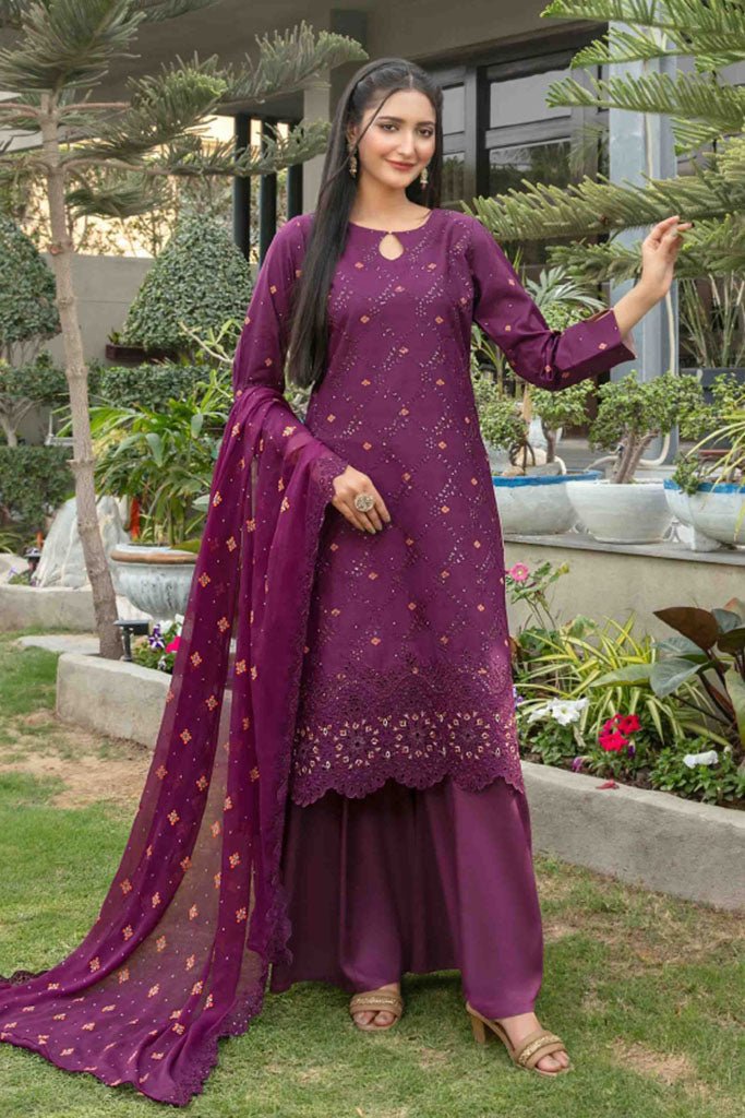 Tawakkal Fabrics 3 Piece Stitched jaal & Daman Embroidered Boti Broshia lawn Suit - D-1135