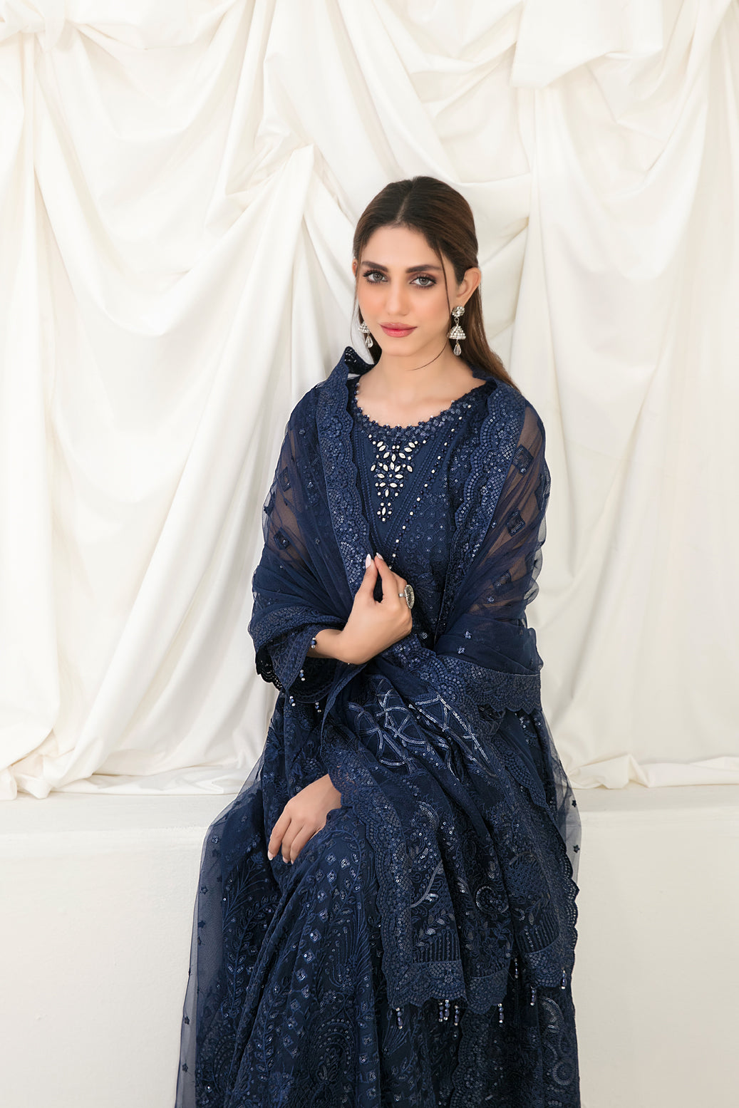 Tawakkal Fabrics 3 Piece Stitched Fancy Heavy Embroidered Net Suit - D-1212