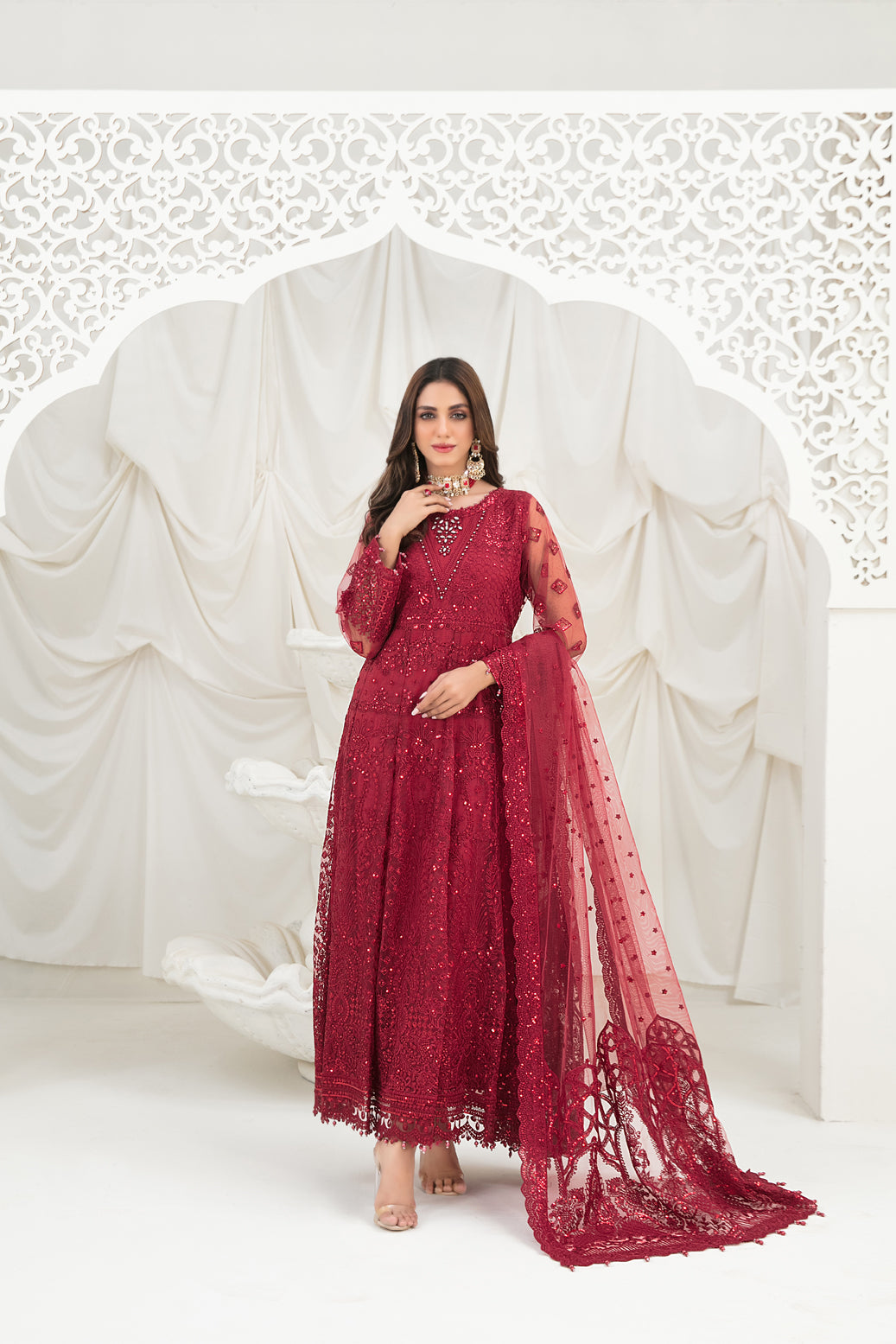 Tawakkal Fabrics 3 Piece Stitched Fancy Heavy Embroidered Net Suit - D-1215