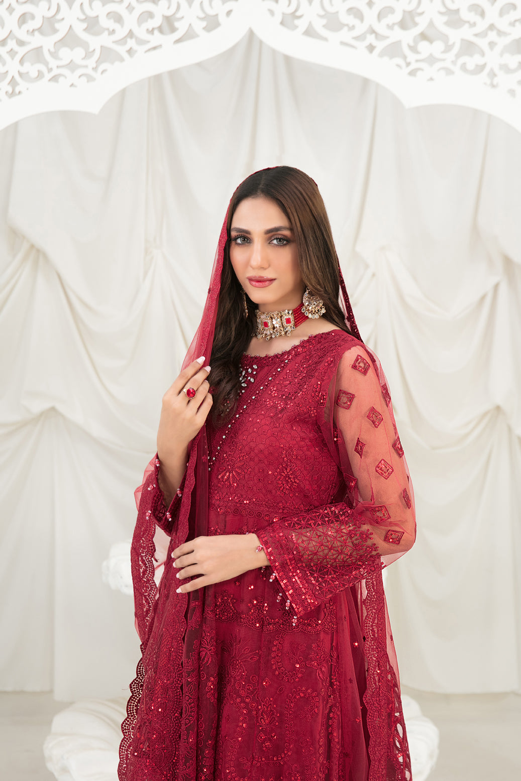 Tawakkal Fabrics 3 Piece Stitched Fancy Heavy Embroidered Net Suit - D-1215