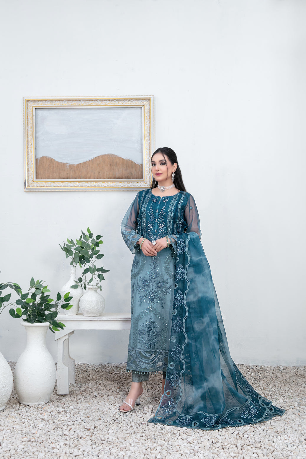 Tawakkal Fabrics 3 Piece Stitched Embroidered Organza Digital Print Suit - D-1347