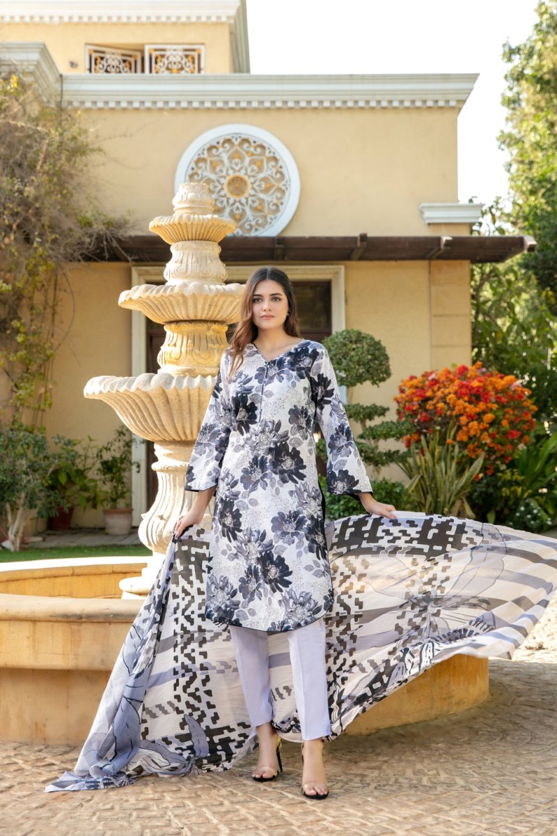 Tawakkal Fabrics 3 Piece Stitched Digital Printed Bana Dora Slub Lawn Suit - D-1507
