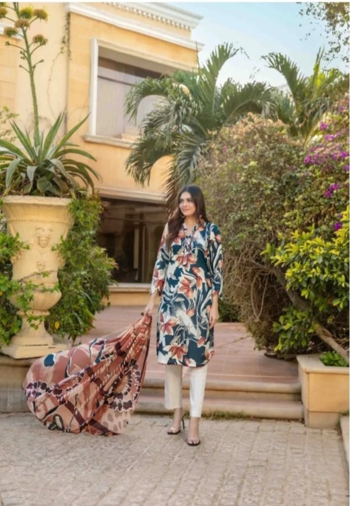 Tawakkal Fabrics 3 Piece Stitched Digital Printed Bana Dora Slub Lawn Suit - D-1514