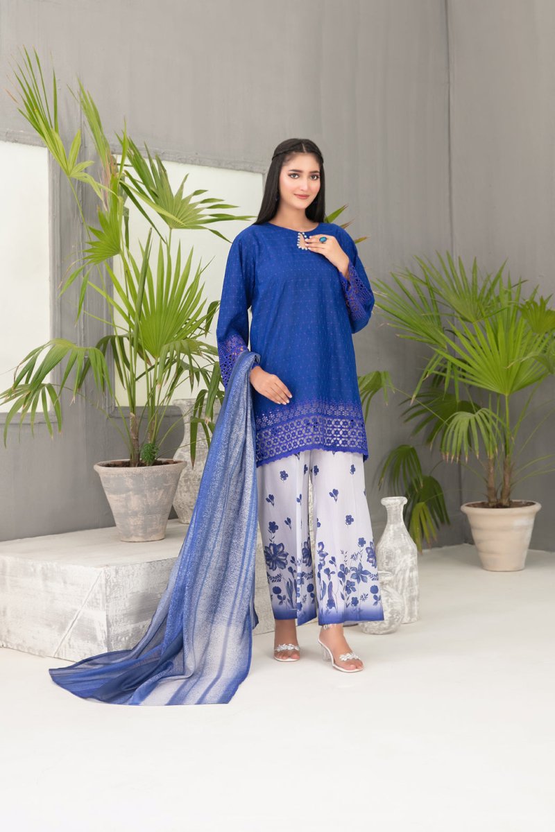 Tawakkal Fabrics 3 Piece Stitched Schiffli Embroidered Lawn Suit - D-2091