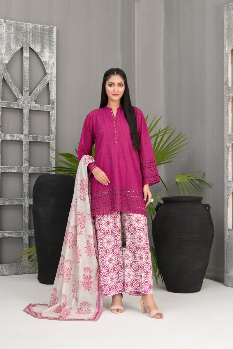 Tawakkal Fabrics 3 Piece Stitched Schiffli Embroidered Lawn Suit - D-2092
