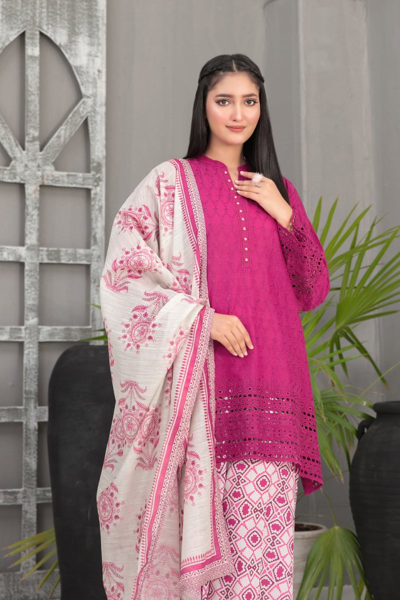 Tawakkal Fabrics 3 Piece Stitched Schiffli Embroidered Lawn Suit - D-2092