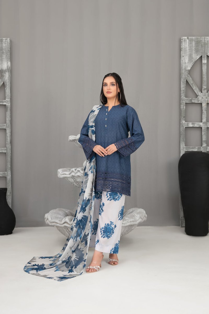 Tawakkal Fabrics 3 Piece Stitched Schiffli Embroidered Lawn Suit - D-2094