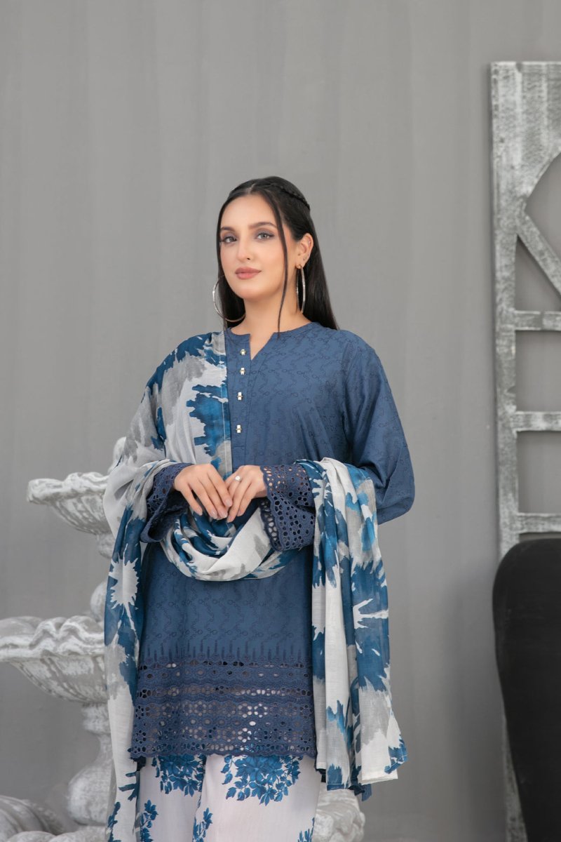 Tawakkal Fabrics 3 Piece Stitched Schiffli Embroidered Lawn Suit - D-2094