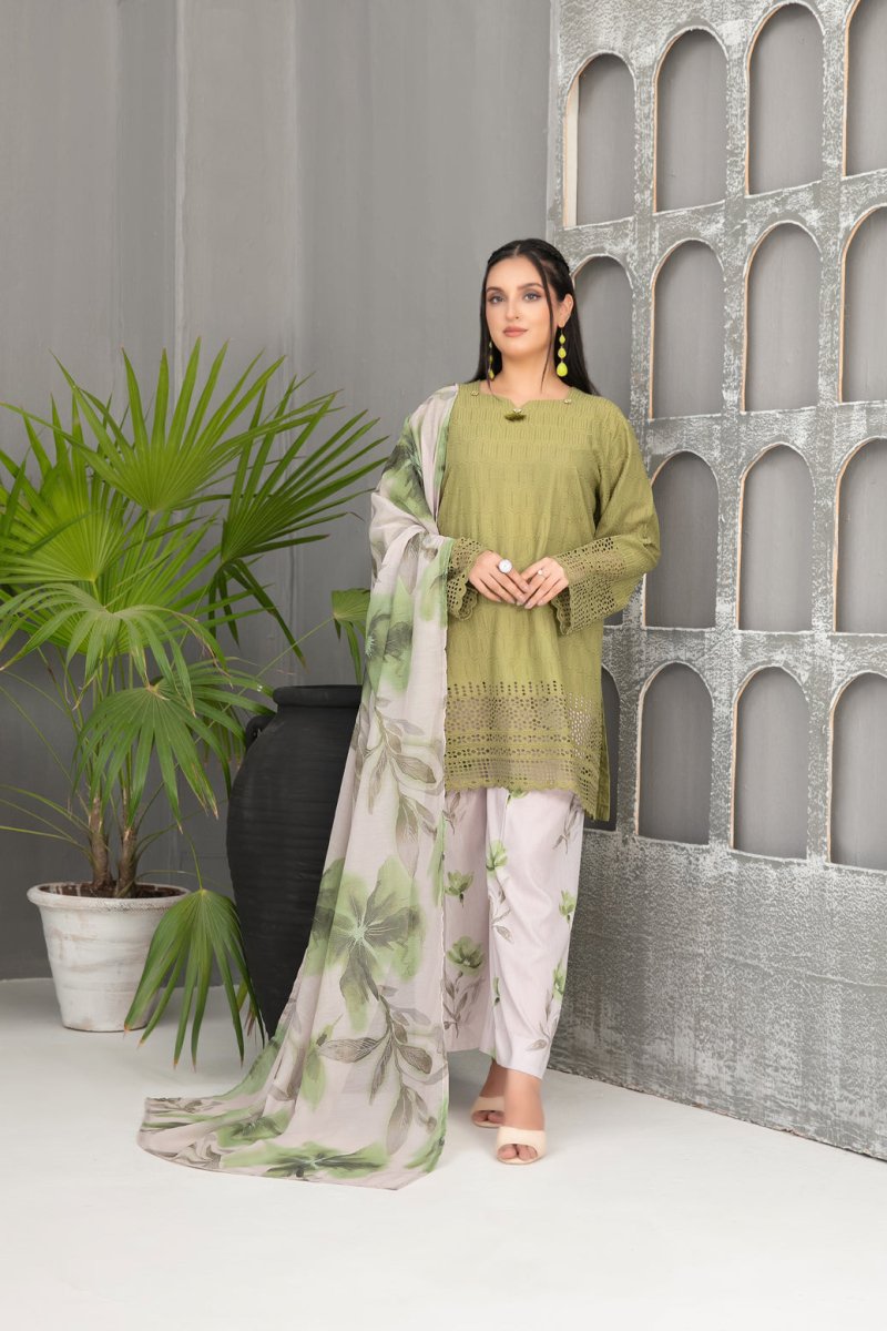 Tawakkal Fabrics 3 Piece Stitched Schiffli Embroidered Lawn Suit - D-2098