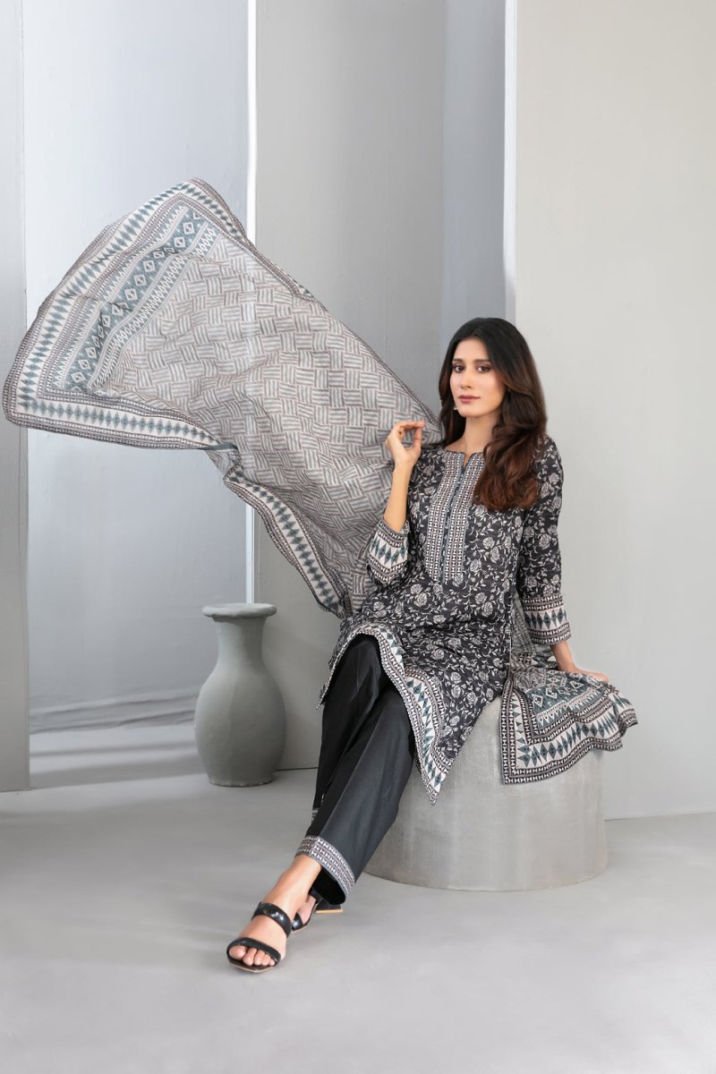 Tawakkal Fabrics 3 Piece Stitched Monochrome Digital Printed Lawn Suit - D-2194