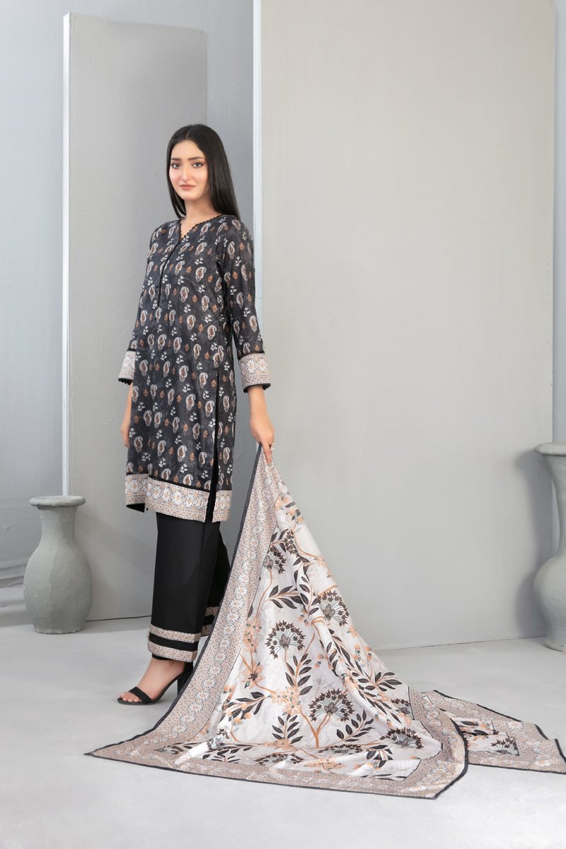 Tawakkal Fabrics 3 Piece Stitched Monochrome Digital Printed Lawn Suit - D-2195