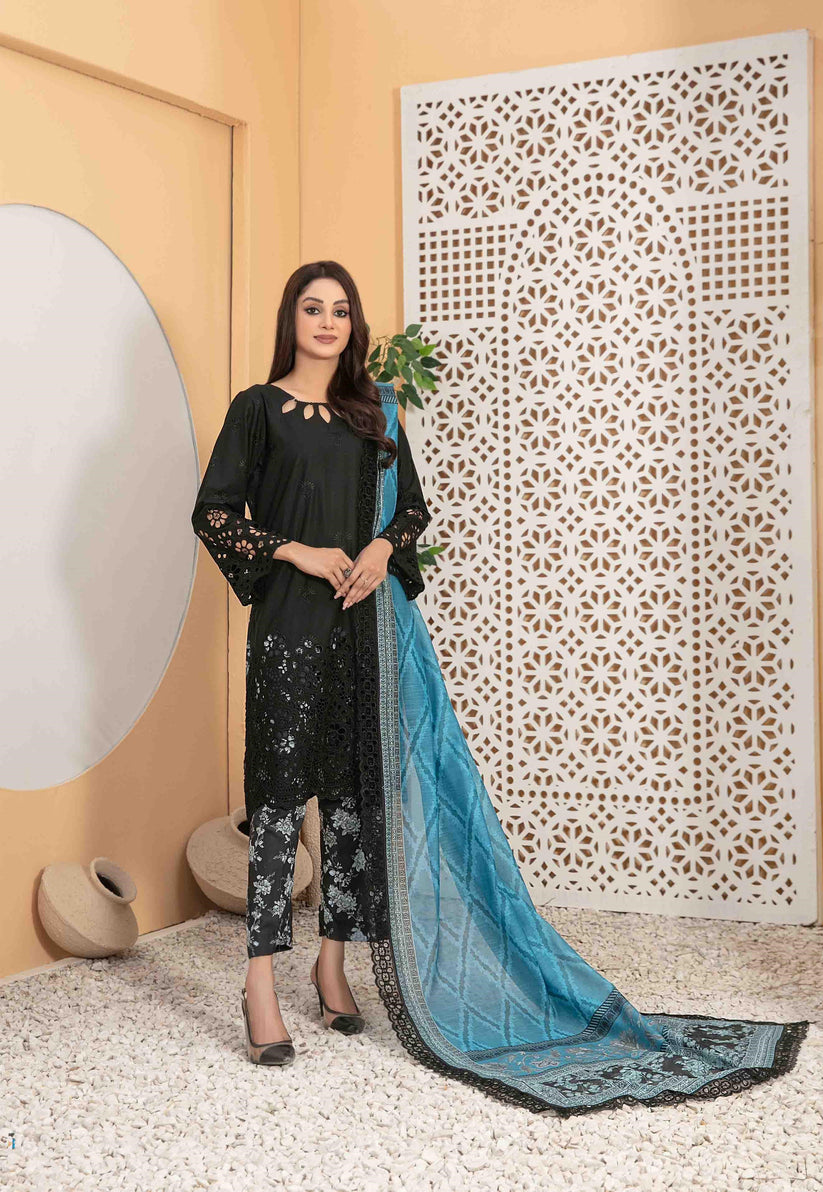 Tawakkal Fabrics 3 Piece Stitched Fancy Heavy Schiffli Embroidered Lawn Suit - D-2545