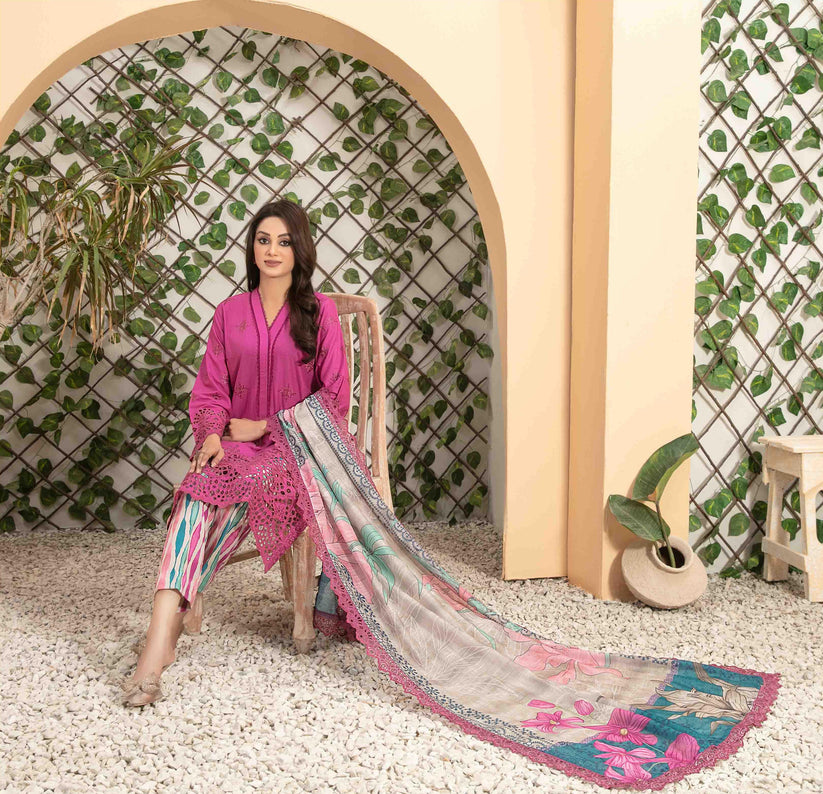 Tawakkal Fabrics 3 Piece Stitched Fancy Heavy Schiffli Embroidered Lawn Suit - D-2546