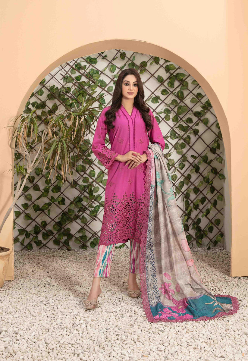 Tawakkal Fabrics 3 Piece Stitched Fancy Heavy Schiffli Embroidered Lawn Suit - D-2546